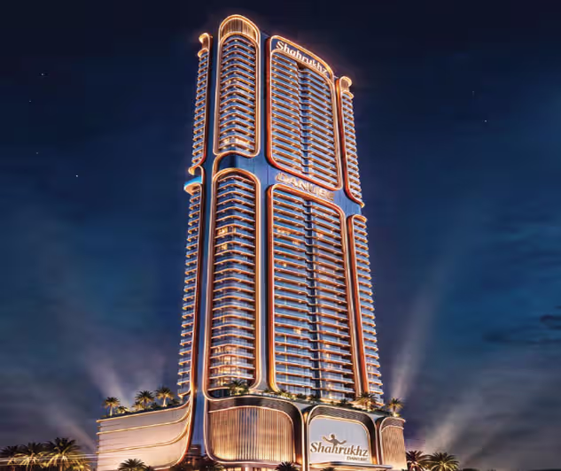 Shahrukhz Residences by Danube tower rising above the Dubai Maritime City waterfront