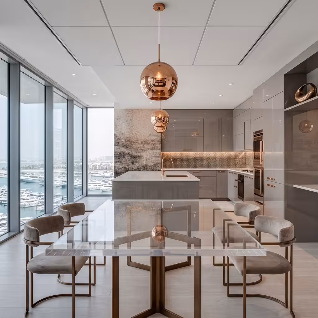 Modern fully equipped kitchen in a Shahrukhz Residences apartment in Dubai