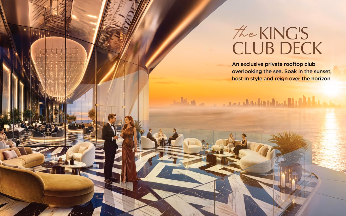 The King's Club Deck rooftop at Shahrukhz Residences overlooking the sea at sunset