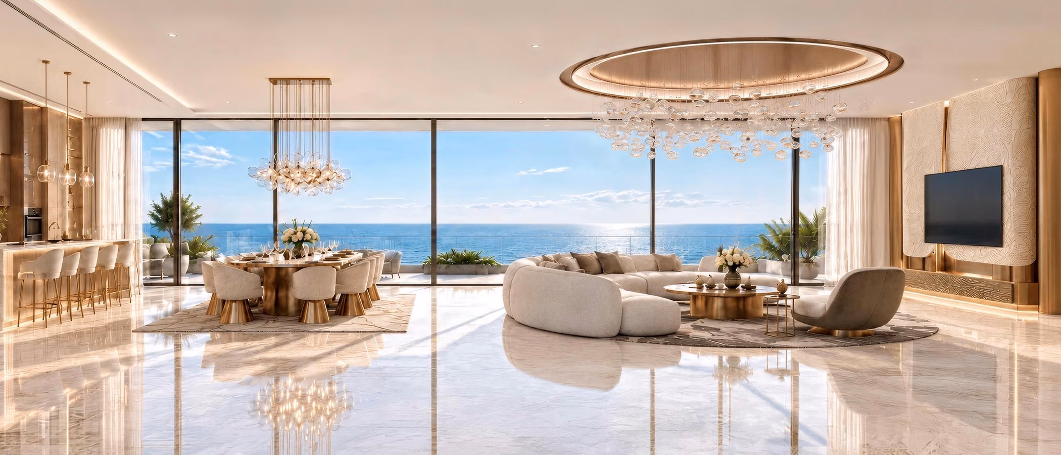 Penthouse living and dining room with panoramic sea view at Shahrukhz Residences by Danube